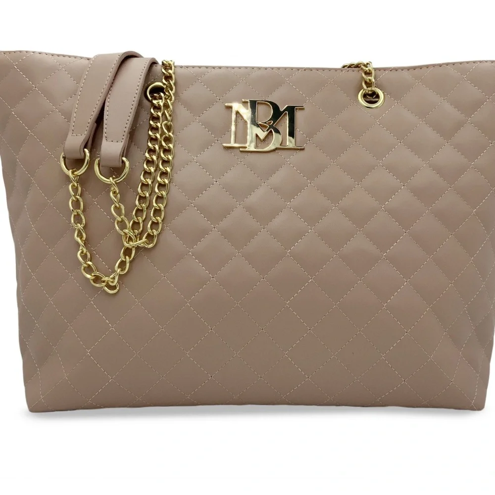 Badgley Mischka Tan Gold Quilted Tote with Chain Strap